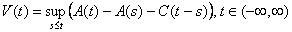 V(t)=sup(over s<=t)(of A(t)-a(s)-C(t-s)), for all t