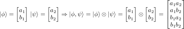                                                    ⌊a a ⌋
     [a ]     [a ]                    [a ]  [a ]   |a1b2|
|ϕ ⟩ = b1 |ψ⟩ =  2b  ⇒ |ϕ,ψ⟩ = |ϕ⟩⊗ |ψ⟩ = b1 ⊗  2b  = |⌈b1a2|⌉
       1        2                       1     2     b1b2
                                                     1 2 