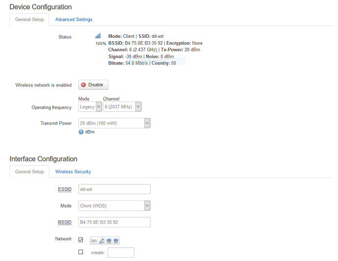 Screenshot of the configuration page for the client side radio